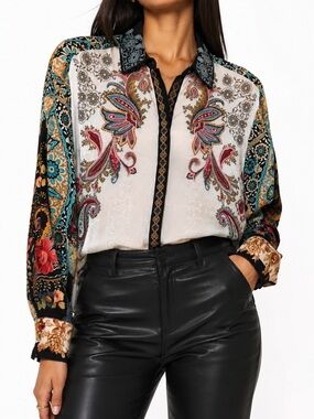 Johnny Was Cachemere Silk Paisley EMBROIDERED Long-Sleeve Blouse sz Med NEW